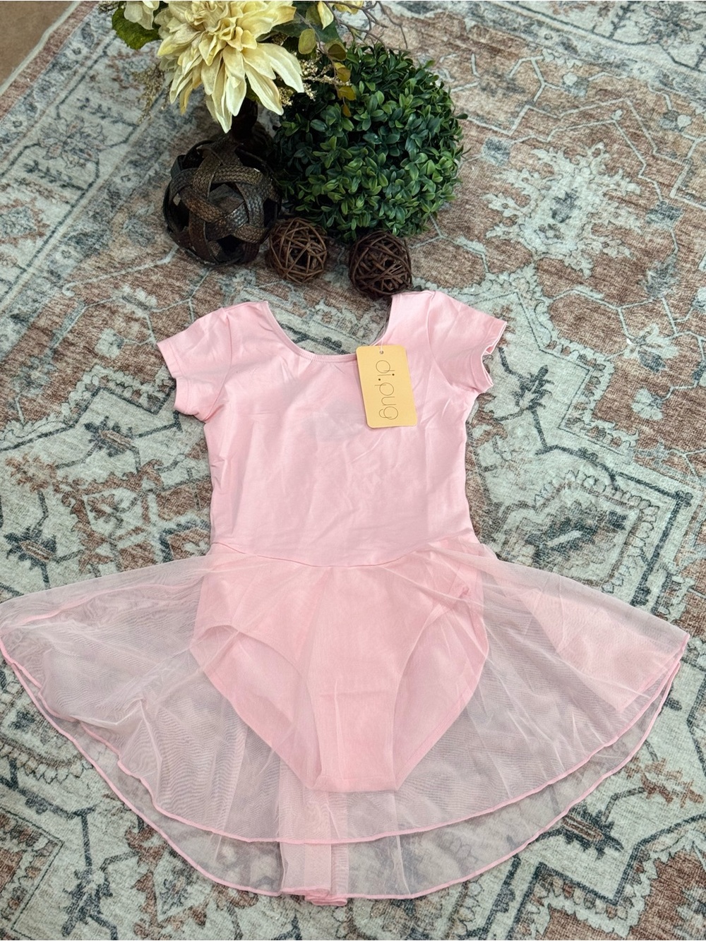 Girls' Pink Short-Sleeve Ballet Leotard with Tulle Skirt